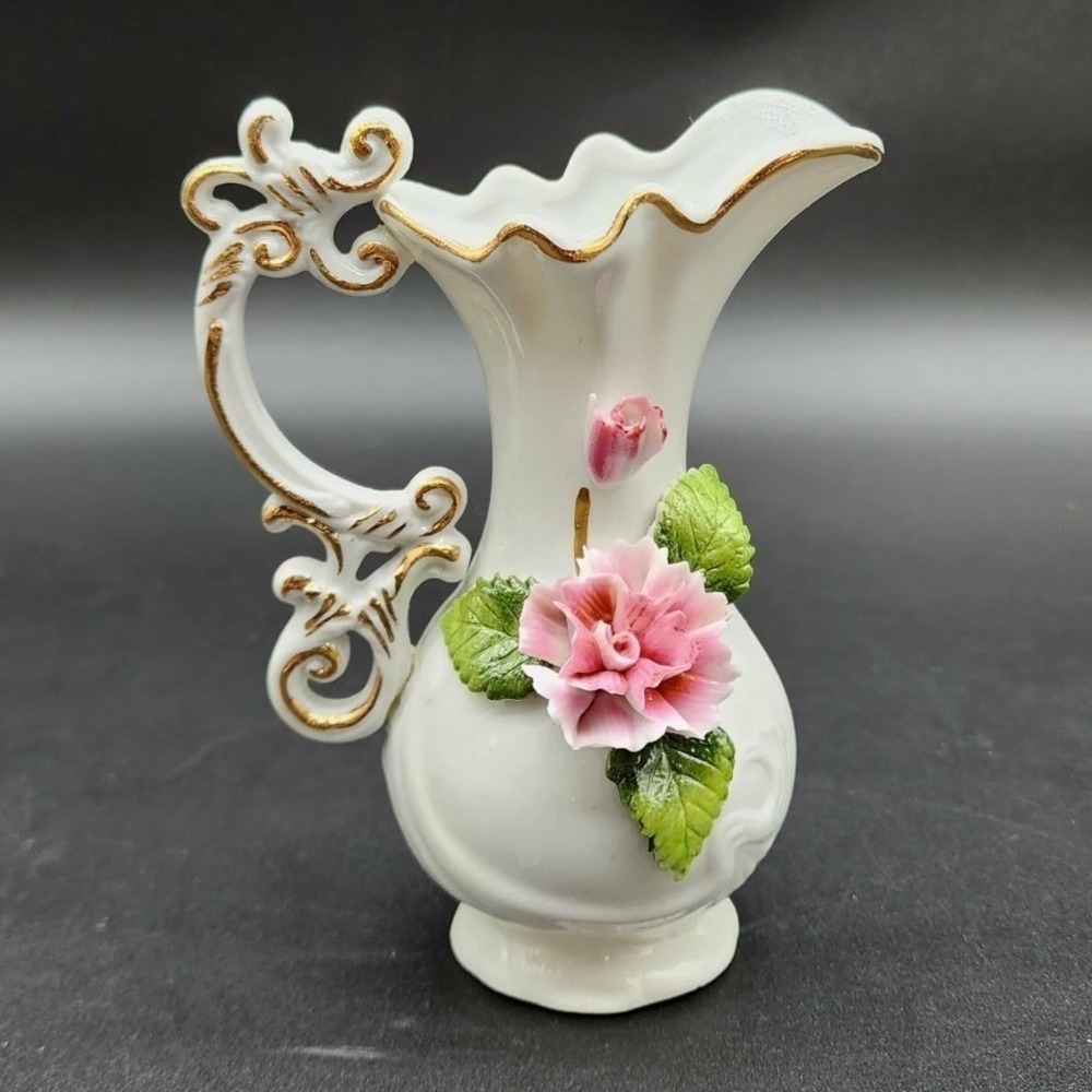 VTG Lego Porcelain Floral Bud Vase Pitcher White Pink Gold Trim Small Decor